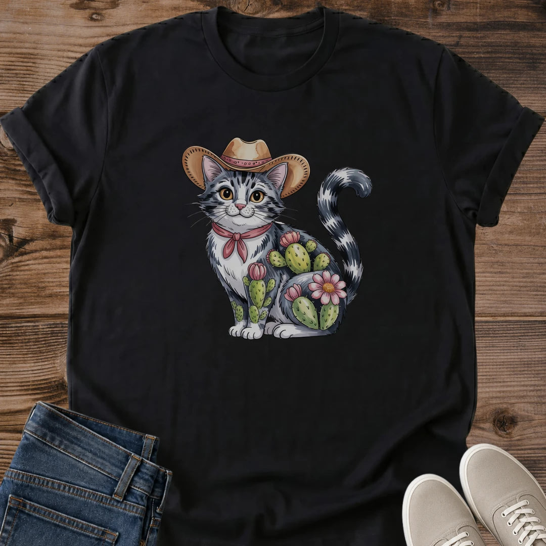 Country Living Style Shirt Ranch Life Apparel Western Fashion Tee Cowboy Kitty Graphic Design Pet Lover Gift Clothing Floral Pattern Details Cat Enthusiast Wear Cotton Casual Comfort Shirt Breathable Fabric Everyday Style Animal Lover
