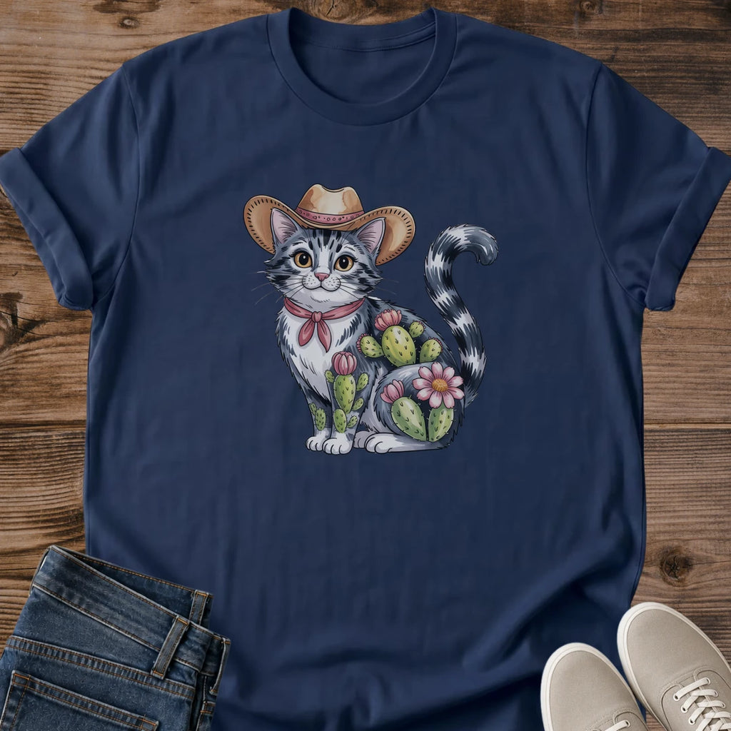 Western Style Graphic Tee Country Fashion Shirt Cowboy Theme Apparel Feline Lover Design Hand Drawn Kitty Art Floral Saddle Pattern Cotton Casual Wear Comfortable Everyday Shirt Animal Enthusiast Gift Ranch Life Style Soft Breathable Fabric