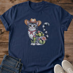 Western Style Graphic Tee Country Fashion Shirt Cowboy Theme Apparel Feline Lover Design Hand Drawn Kitty Art Floral Saddle Pattern Cotton Casual Wear Comfortable Everyday Shirt Animal Enthusiast Gift Ranch Life Style Soft Breathable Fabric