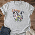 Graphic Tee Shirt Design Hand Drawn Kitty Art Western Cowboy Theme Floral Pattern Details Cat Enthusiast Apparel Country Casual Wear Cotton Comfort Shirt Breathable Lightweight Fabric Animal Lover Fashion Ranch Style Clothing Everyday Wear