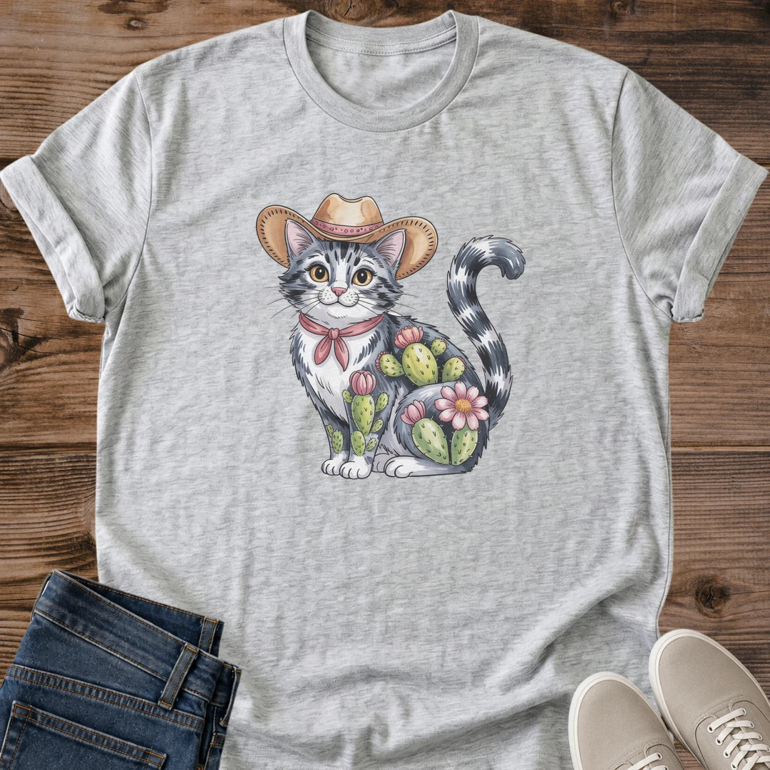 Graphic Tee Shirt Design Hand Drawn Kitty Art Western Cowboy Theme Floral Pattern Details Cat Enthusiast Apparel Country Casual Wear Cotton Comfort Shirt Breathable Lightweight Fabric Animal Lover Fashion Ranch Style Clothing Everyday Wear