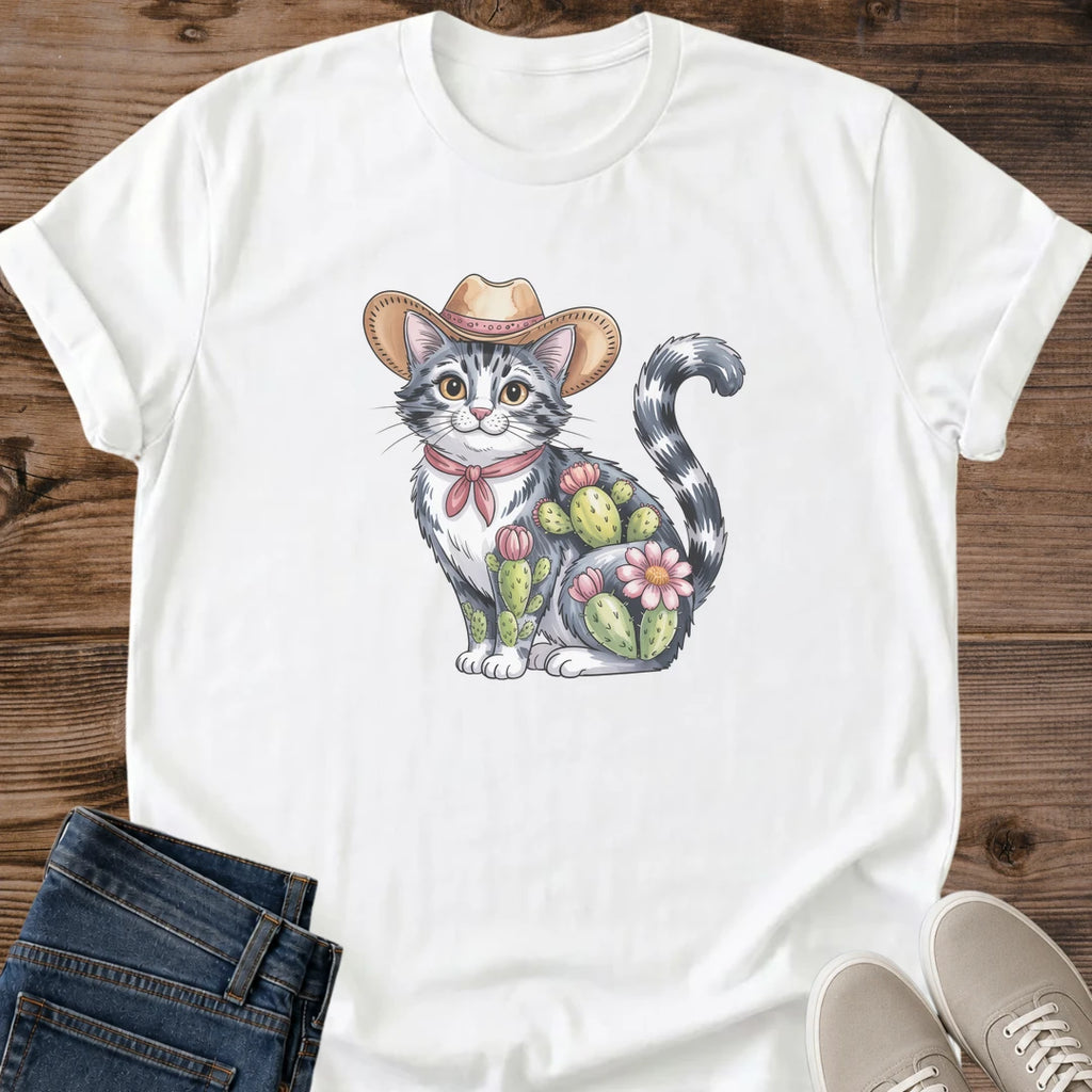 Cotton Comfort Tee Shirt Lightweight Breathable Fabric Casual Everyday Wear Western Kitty Design Cowboy Hat Graphic Floral Bandana Pattern Cat Lover Apparel Country Style Fashion Animal Enthusiast Gift Ranch Life Clothing Soft Crew Neck
