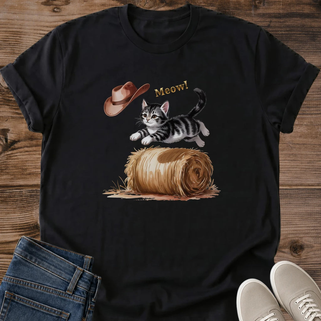 Cat Lover Gift Shirt Funny Kitten Cowboy Design Western Ranch Theme Cotton Tee Comfortable Casual Wear Lightweight Breathable Fabric Perfect Animal Enthusiast Present Country Style Apparel Everyday Wear Essential Outdoor Activity Shirt