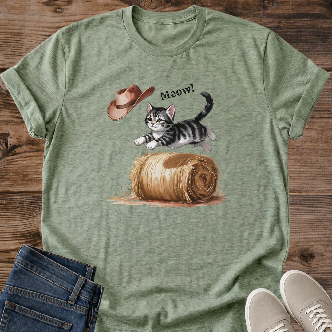 Ranch Style Cat Shirt Funny Cowboy Kitten Design Western Theme Cotton Tee Comfortable Casual Apparel Lightweight Breathable Fabric Perfect Cat Lover Gift Animal Enthusiast Present Country Fashion Wear Everyday Style Essential Outdoor