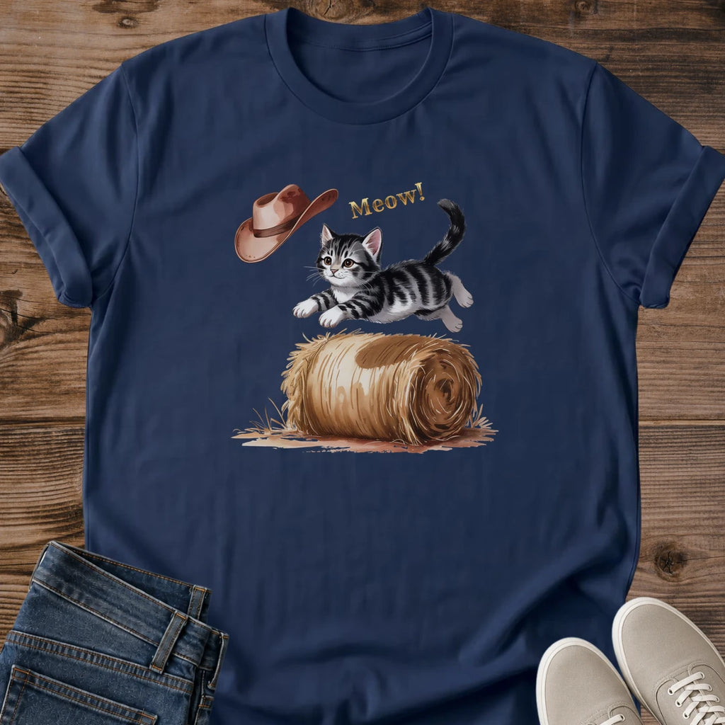 Funny Cat Shirt Cowboy Kitten Design Western Ranch Theme Cotton Tee Lightweight Fabric Breathable Material Comfortable Fit Perfect Cat Lover Gift Animal Enthusiast Present Country Style Fashion Casual Everyday Wear Outdoor Activity Apparel