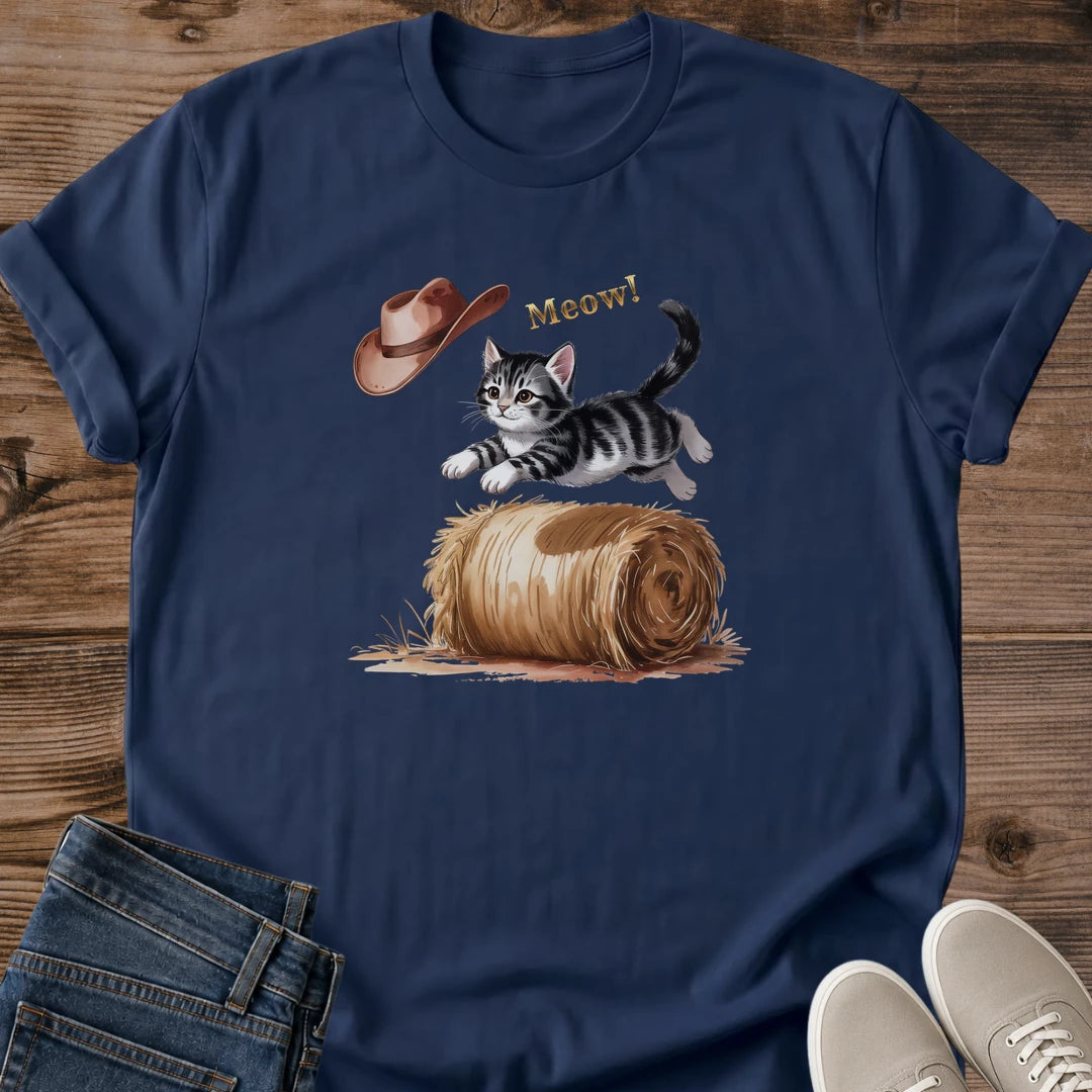 Funny Cat Shirt Cowboy Kitten Design Western Ranch Theme Cotton Tee Lightweight Fabric Breathable Material Comfortable Fit Perfect Cat Lover Gift Animal Enthusiast Present Country Style Fashion Casual Everyday Wear Outdoor Activity Apparel