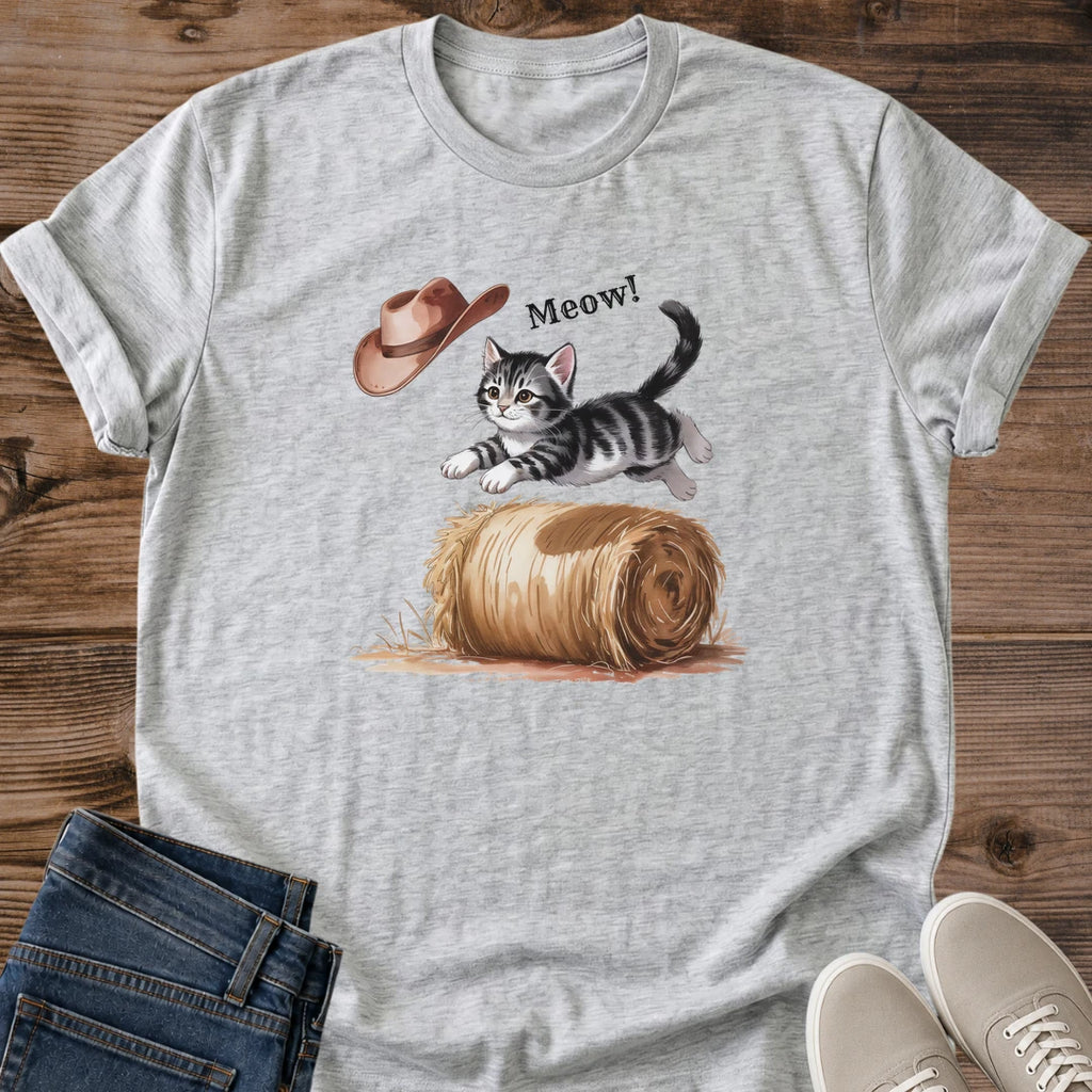 Western Cowboy Cat Tee Kitten Graphic Design Ranch Style Shirt Cotton Fabric Comfortable Casual Wear Funny Animal Apparel Cat Lover Gift Perfect Present Country Theme Fashion Lightweight Material Breathable Cotton Everyday Style Outdoor