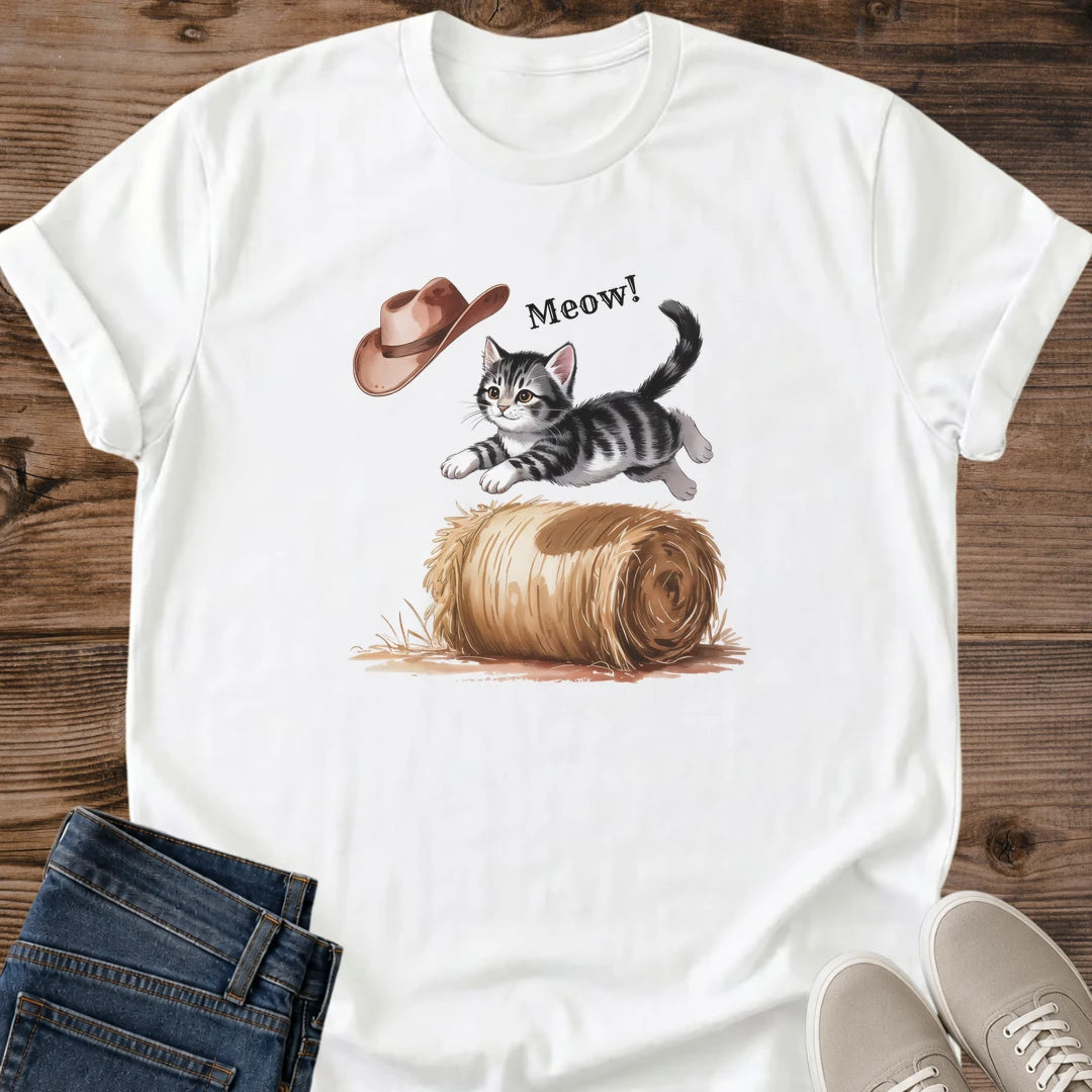 Kitten Design Shirt Western Ranch Cat Tee Cowboy Theme Apparel Cotton Fabric Lightweight Material Comfortable Casual Wear Perfect Cat Lover Gift Animal Enthusiast Present Country Style Fashion Funny Graphic Print Breathable Cotton Everyday