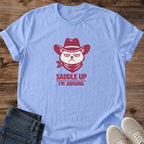 Funny Cat Shirt Sarcastic Humor Design Western Cowboy Theme Graphic Tee Cotton Fabric Crew Neck Comfortable Fit Perfect Cat Lover Gift Bandana Detail Judging Expression Smoky Eye Cat Design Casual Everyday Wear Ranch Style Outfit Novelty