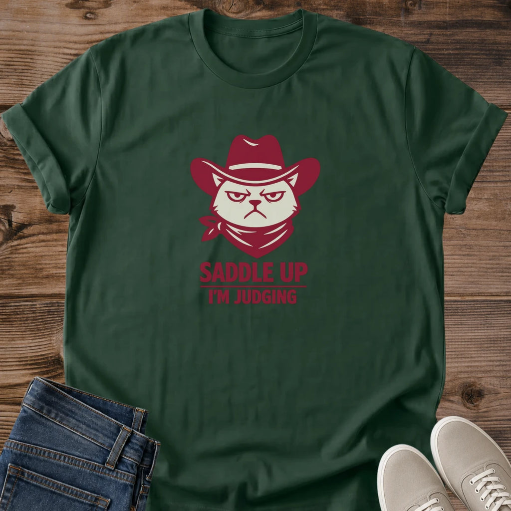 Western Cowboy Cat Shirt Graphic Tee Design Funny Animal Lover Gift Cotton Crew Neck Comfortable Fabric Sarcastic Humor Statement Bandana Accessory Detail Judging Cat Expression Ranch Style Casual Wear Perfect Novelty Present Cat Owner Gift