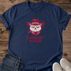 Graphic Cat Design Shirt Western Cowboy Bandana Theme Sarcastic Humor Statement Tee Judging Expression Detail Smoky Eye Cat Cotton Crew Neck Comfortable Fabric Perfect Cat Lover Gift Casual Wear Essential Ranch Style Outfit Soft Lightweight