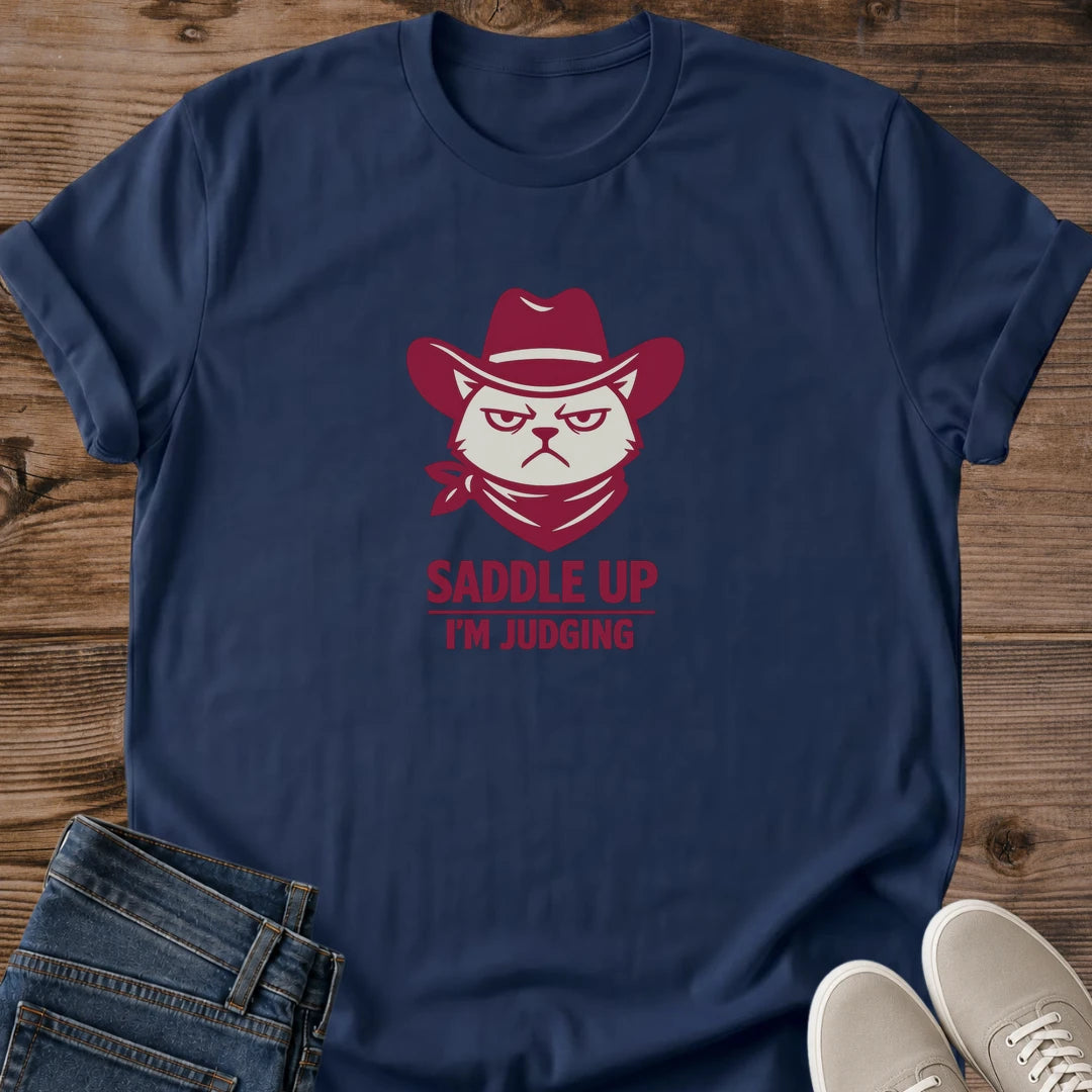 Graphic Cat Design Shirt Western Cowboy Bandana Theme Sarcastic Humor Statement Tee Judging Expression Detail Smoky Eye Cat Cotton Crew Neck Comfortable Fabric Perfect Cat Lover Gift Casual Wear Essential Ranch Style Outfit Soft Lightweight