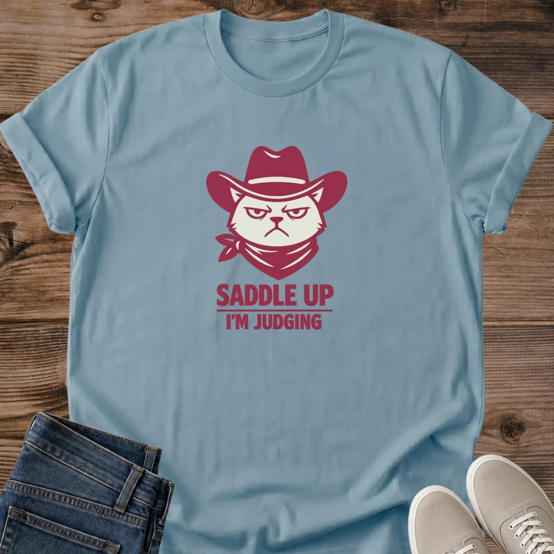 Soft Cotton Graphic Tee Funny Cat Design Western Cowboy Theme Comfortable Crew Neck Shirt Lightweight Fabric Quality Sarcastic Humor Statement Cat Lover Gift Perfect Casual Everyday Wear Ranch Day Outfit Bandana Detail Judging Expression