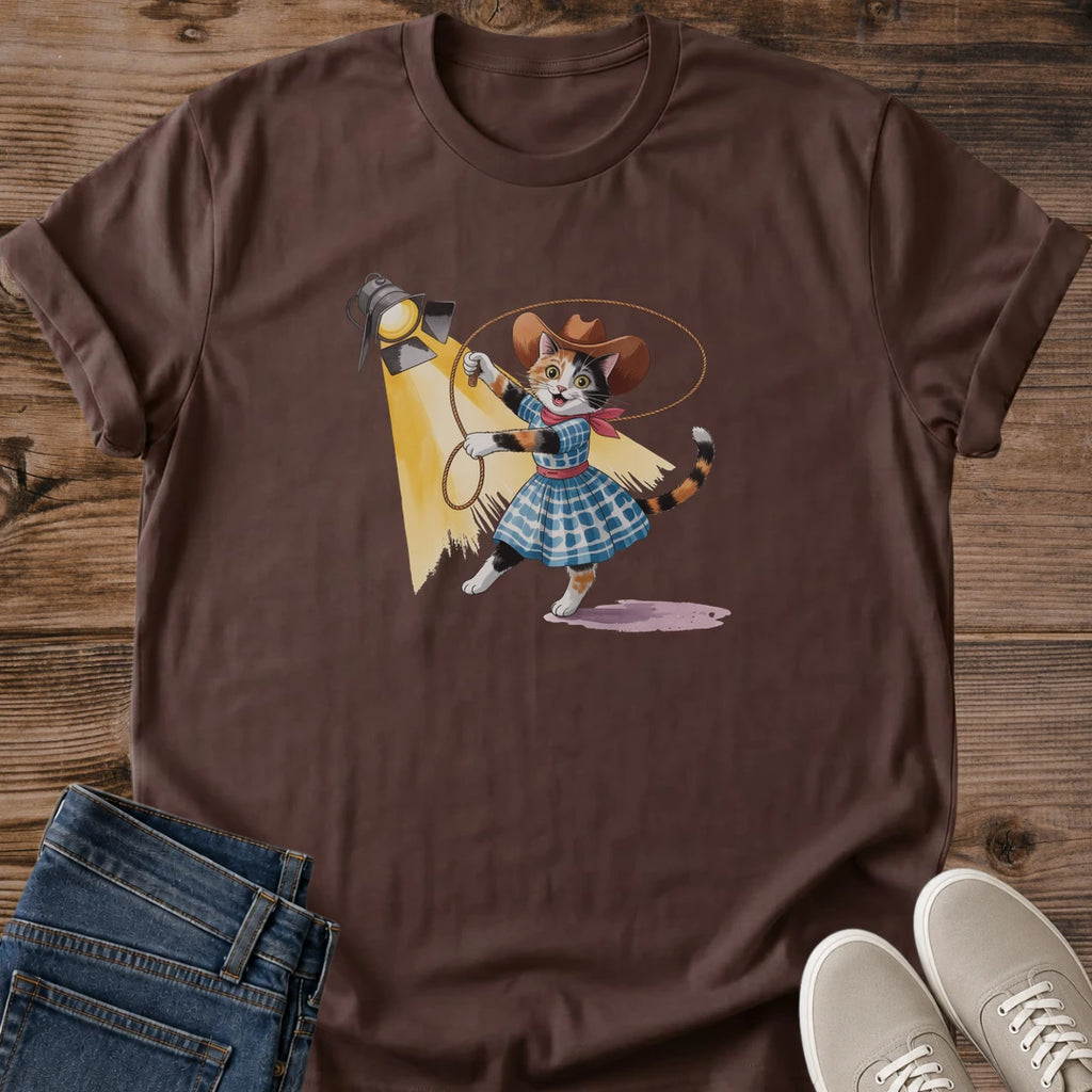 Vintage Western Shirt Cotton Tee Graphic Design Feline Illustration Retro Style Apparel Soft Fabric Comfortable Fit Casual Wear Statement Piece Novelty Gift Funny Animal Design Crew Neck Classic Cut Lightweight Material Breathable Cotton