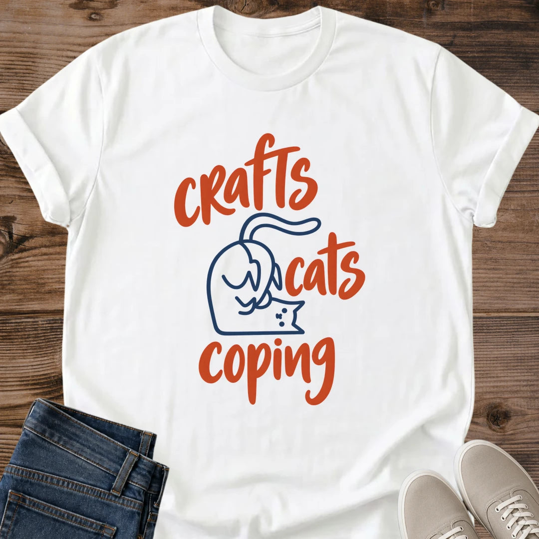 Crafts Cats Coping Shirt White Funny Crafter Cat Tee Hand Lettered Red Script With Cat Line Art Graphic Craft Lover Shirt Cat Mom Gift Crafting Hobby Tee Minimalist Cat Shirt Crafty Gift Gildan 64000 Softstyle Unisex Cat Whisker Co