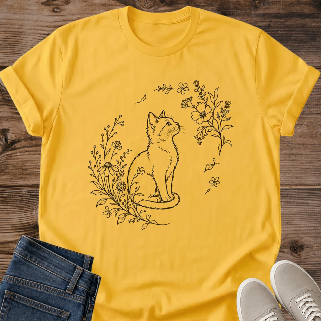 Fine Line Cat Illustration Shirt Botanical Cherry Blossom Branch Design Minimalist Art Tee Unisex Fashion Elegant Feline Portrait Nature Theme Premium Graphic Design Soft Heather Grey Casual Wear Cat Lover Apparel Artistic Statement Piece
