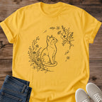 Fine Line Cat Illustration Shirt Botanical Cherry Blossom Branch Design Minimalist Art Tee Unisex Fashion Elegant Feline Portrait Nature Theme Premium Graphic Design Soft Heather Grey Casual Wear Cat Lover Apparel Artistic Statement Piece