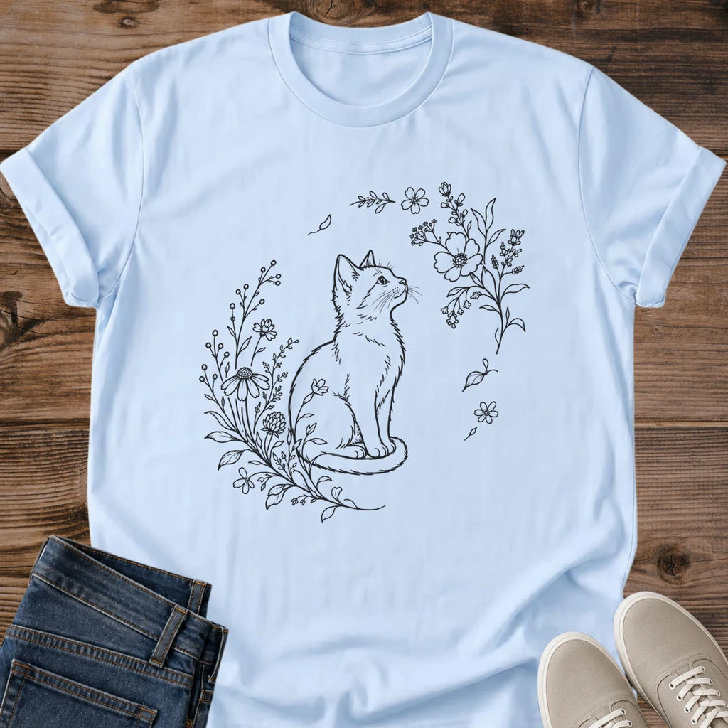 Botanical Cat Tee Minimalist Design Fine Line Illustration Cherry Blossom Unisex Graphic Shirt Elegant Style Nature Inspired Art Cat Portrait Soft Heather Grey Fabric Comfortable Cat Lover Fashion Statement Casual Everyday Wear Artistic