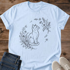 Botanical Cat Tee Minimalist Design Fine Line Illustration Cherry Blossom Unisex Graphic Shirt Elegant Style Nature Inspired Art Cat Portrait Soft Heather Grey Fabric Comfortable Cat Lover Fashion Statement Casual Everyday Wear Artistic