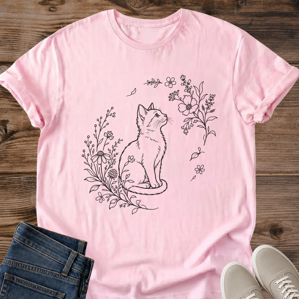 Cherry Blossom Cat Shirt Fine Line Botanical Art Illustration Minimalist Graphic Tee Unisex Elegant Feline Design Nature Theme Premium Soft Fabric Heather Grey Japanese Inspired Artistic Fashion Casual Wear Cat Lover Refined Statement Piece