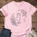 Cherry Blossom Cat Shirt Fine Line Botanical Art Illustration Minimalist Graphic Tee Unisex Elegant Feline Design Nature Theme Premium Soft Fabric Heather Grey Japanese Inspired Artistic Fashion Casual Wear Cat Lover Refined Statement Piece