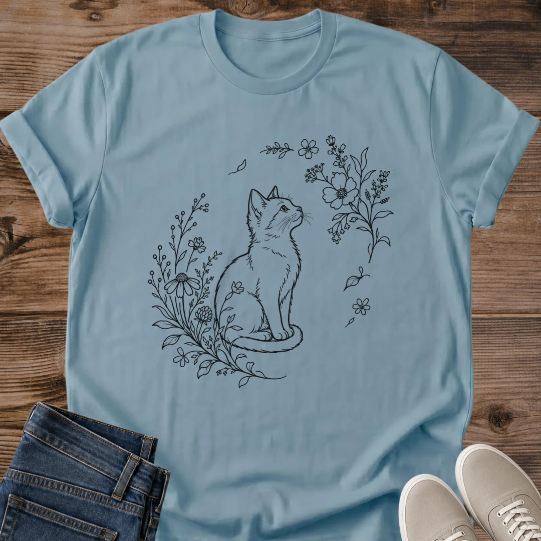 Unisex Cat Shirt Minimalist Fine Line Cherry Blossom Design Botanical Illustration Graphic Tee Elegant Nature Inspired Art Soft Heather Grey Fabric Feline Portrait Artistic Fashion Casual Everyday Wear Statement Cat Lover Apparel Gift