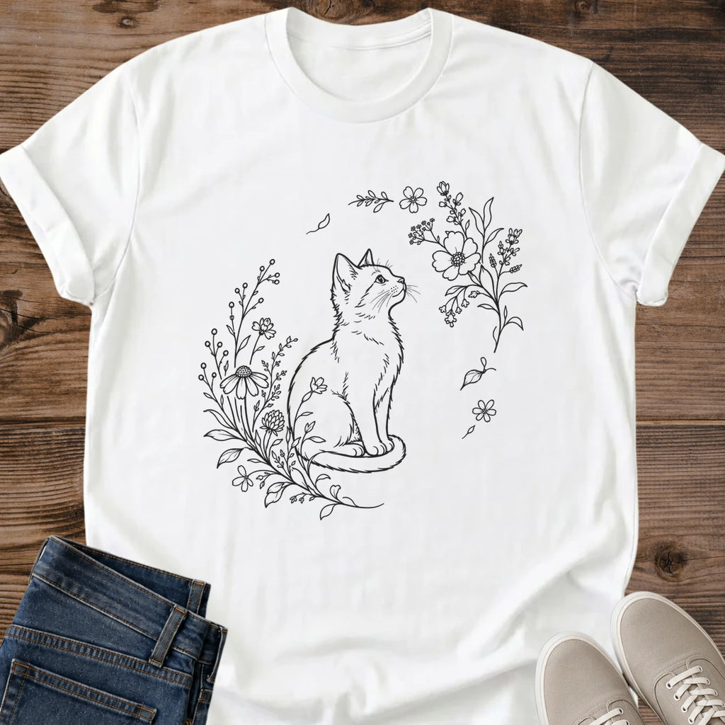 Minimalist Cat Shirt Fine Line Art Design Cherry Blossom Botanical Illustration Elegant Graphic Unisex Tee Cat Lover Gift Idea Delicate Nature Inspired Fashion Statement Piece Artistic Casual Wear Everyday Style Heather Grey Refined Feline