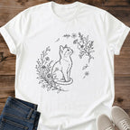 Minimalist Cat Shirt Fine Line Art Design Cherry Blossom Botanical Illustration Elegant Graphic Unisex Tee Cat Lover Gift Idea Delicate Nature Inspired Fashion Statement Piece Artistic Casual Wear Everyday Style Heather Grey Refined Feline