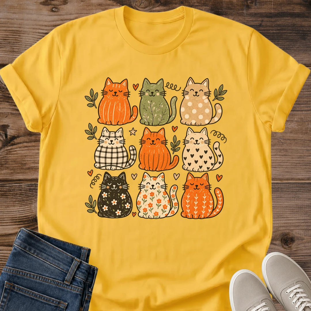 Hand Drawn Cat Collection Grid Pattern Design Soft Cotton Graphic Tee Comfortable Relaxed Fit Autumn Warm Tones Earthy Colors Playful Cat Personalities Casual Everyday Shirt Crew Neck Style Perfect Cat Lover Present Cozy Apparel Gift