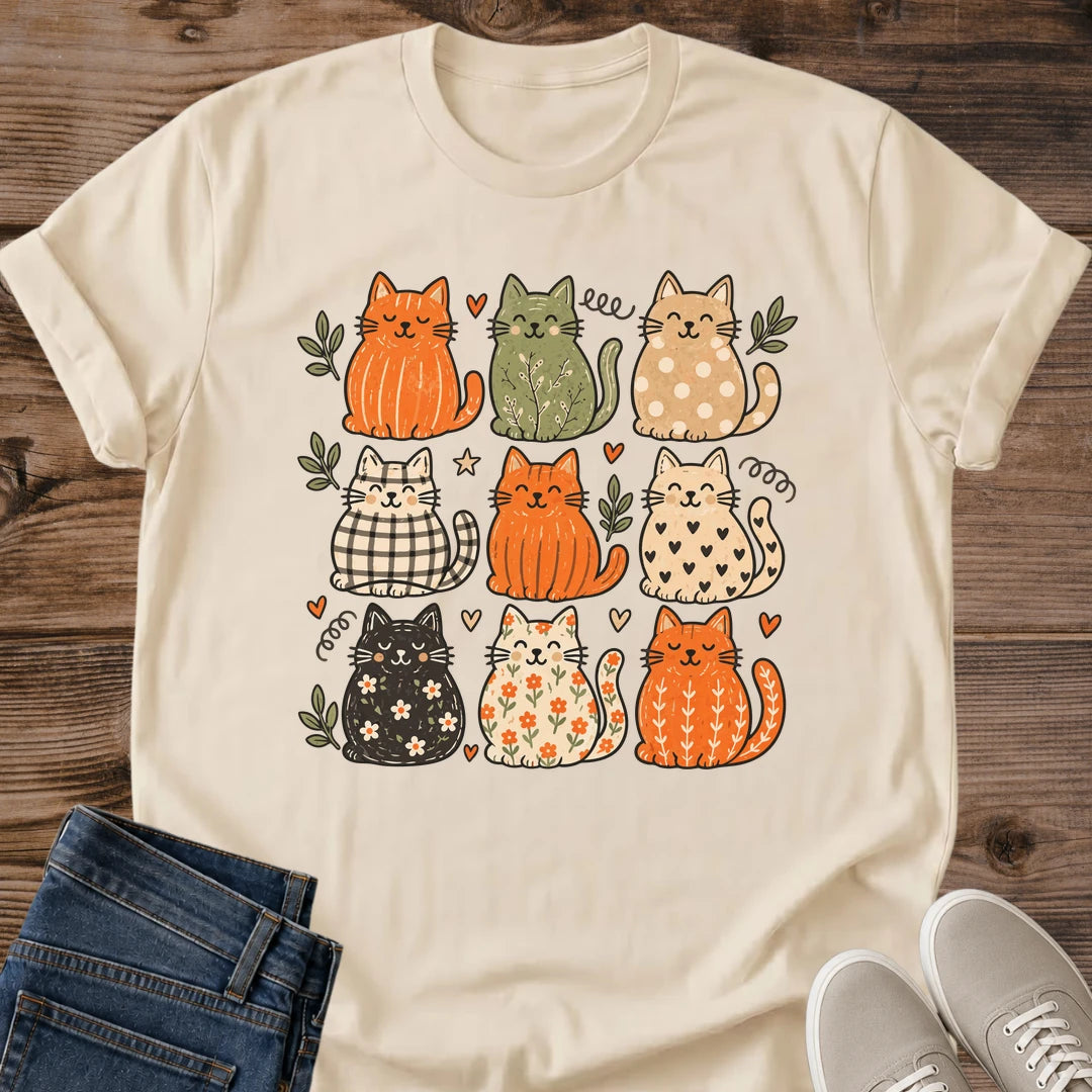 Autumn Cat Graphic Tee Warm Tone Design Hand Drawn Grid Collection Playful Cat Personalities Soft Cotton Fabric Breathable Comfortable Fit Casual Everyday Wear Relaxed Crew Neck Style Perfect Cat Lover Gift Present Cozy Artistic Print