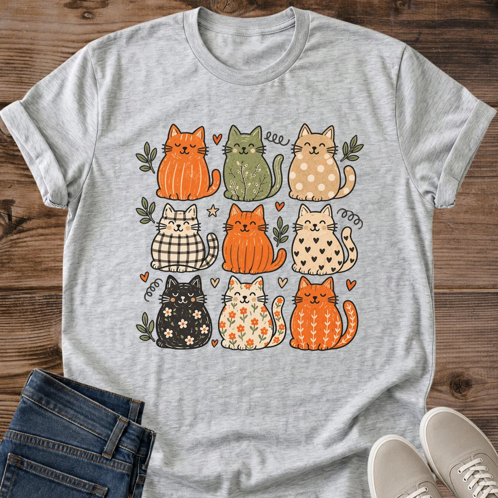 Cat Graphic Tee Soft Cotton Fabric Comfortable Crew Neck Relaxed Fit Breathable Material Autumn Cat Design Hand Drawn Grid Pattern Multiple Personalities Perfect Cat Lover Gift Everyday Casual Wear Cozy Playful Print Artistic Collection