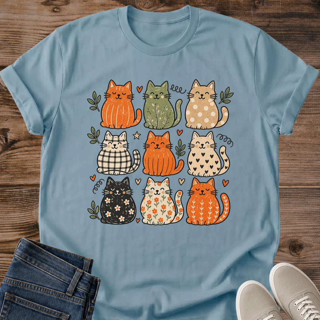 Artistic Cat Collection Hand Drawn Design Cotton Graphic Tee Soft Comfortable Shirt Grid Pattern Multiple Cat Personalities Autumn Theme Warm Earthy Tones Relaxed Fit Breathable Fabric Casual Everyday Wear Crew Neck Comfort Perfect Cat