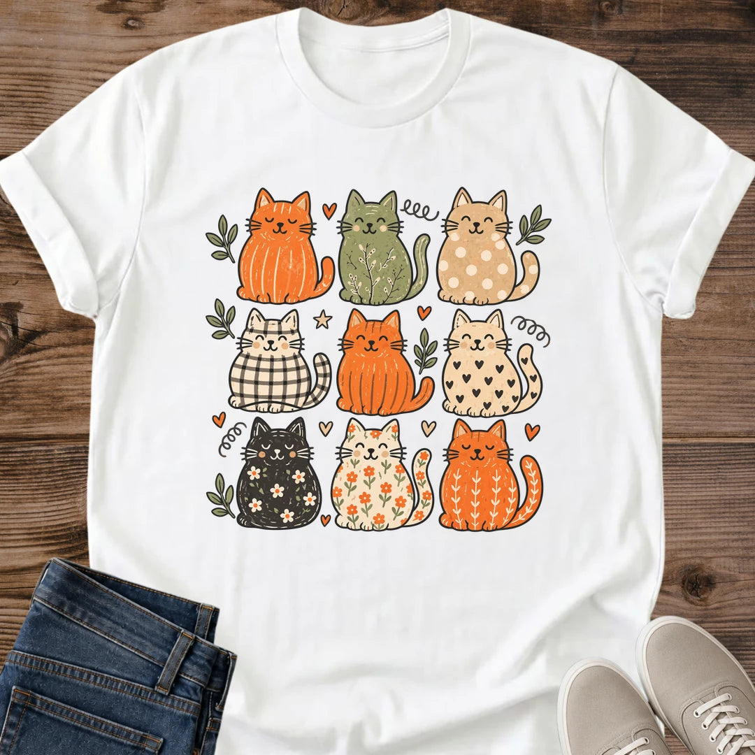 Cozy Cotton Cat Shirt Soft Breathable Fabric Playful Grid Pattern Design Multiple Cat Personalities Autumn Colors Warm Earthy Tones Comfortable Relaxed Fit Everyday Casual Wear Crew Neck Tee Perfect Cat Lover Gift Present Quality Printed