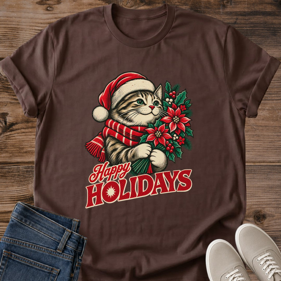 Dark chocolate Happy Holidays Christmas cat T-shirt, holiday graphic tee for cat lovers