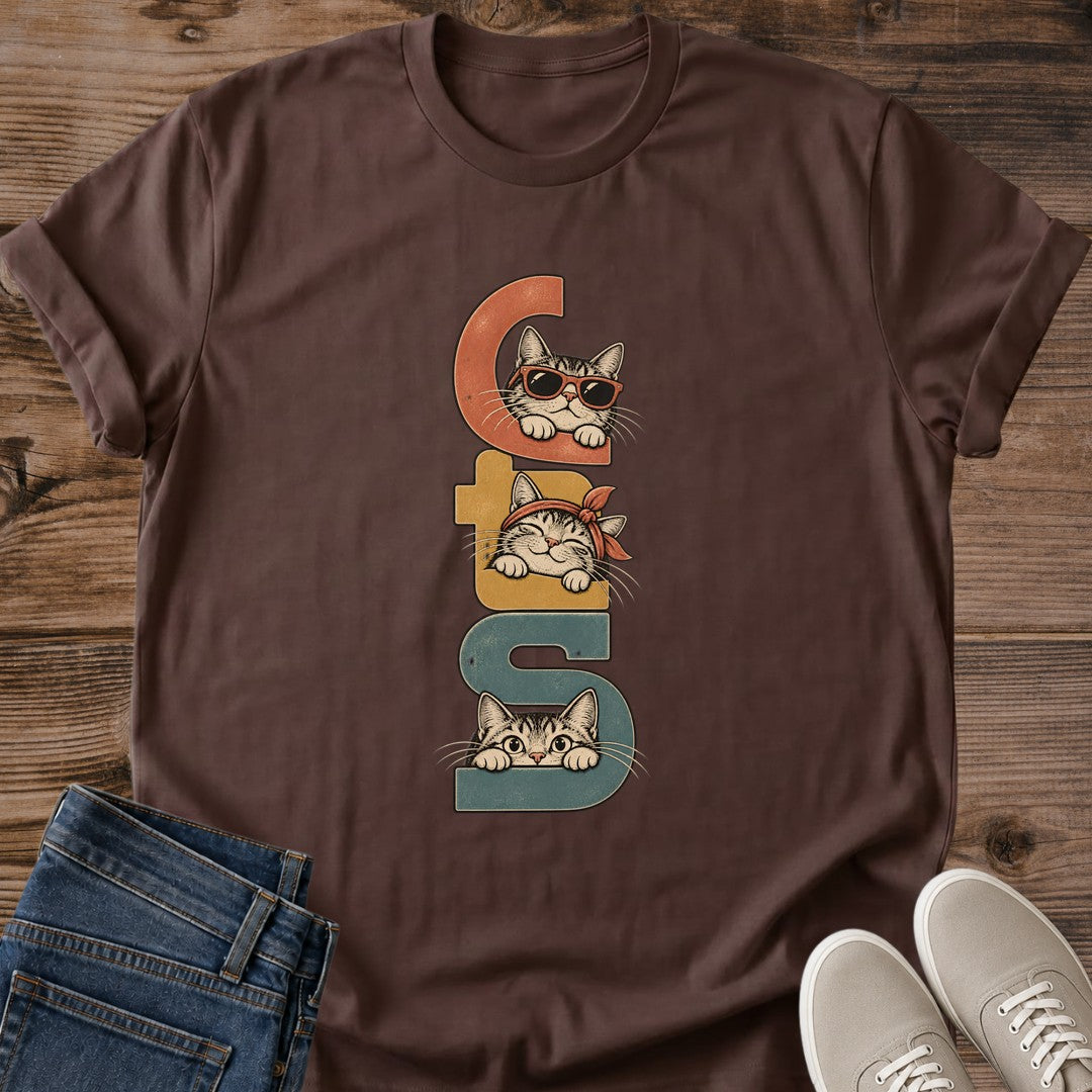Cats Peeking Letters Shirt Retro Typography Cat Tee Cute Cat Lover Gift Idea Softstyle Ring Spun Cotton Relaxed Fit Everyday Casual Wear Vintage Print Cat Owner Apparel Statement Piece Lightweight Layering For Home