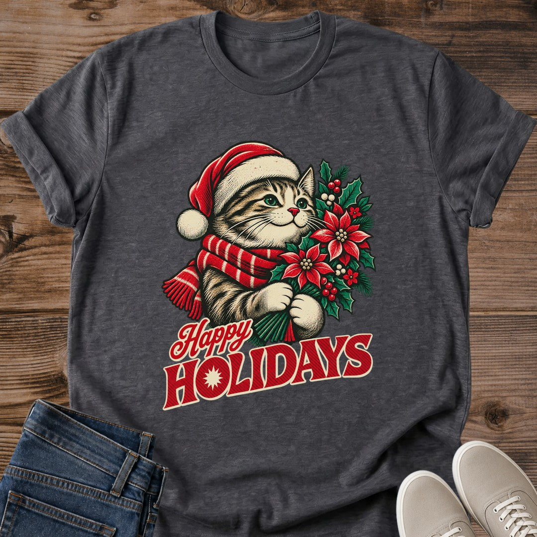 Happy Holidays Christmas cat graphic T-shirt in dark heather, unisex short-sleeve holiday tee