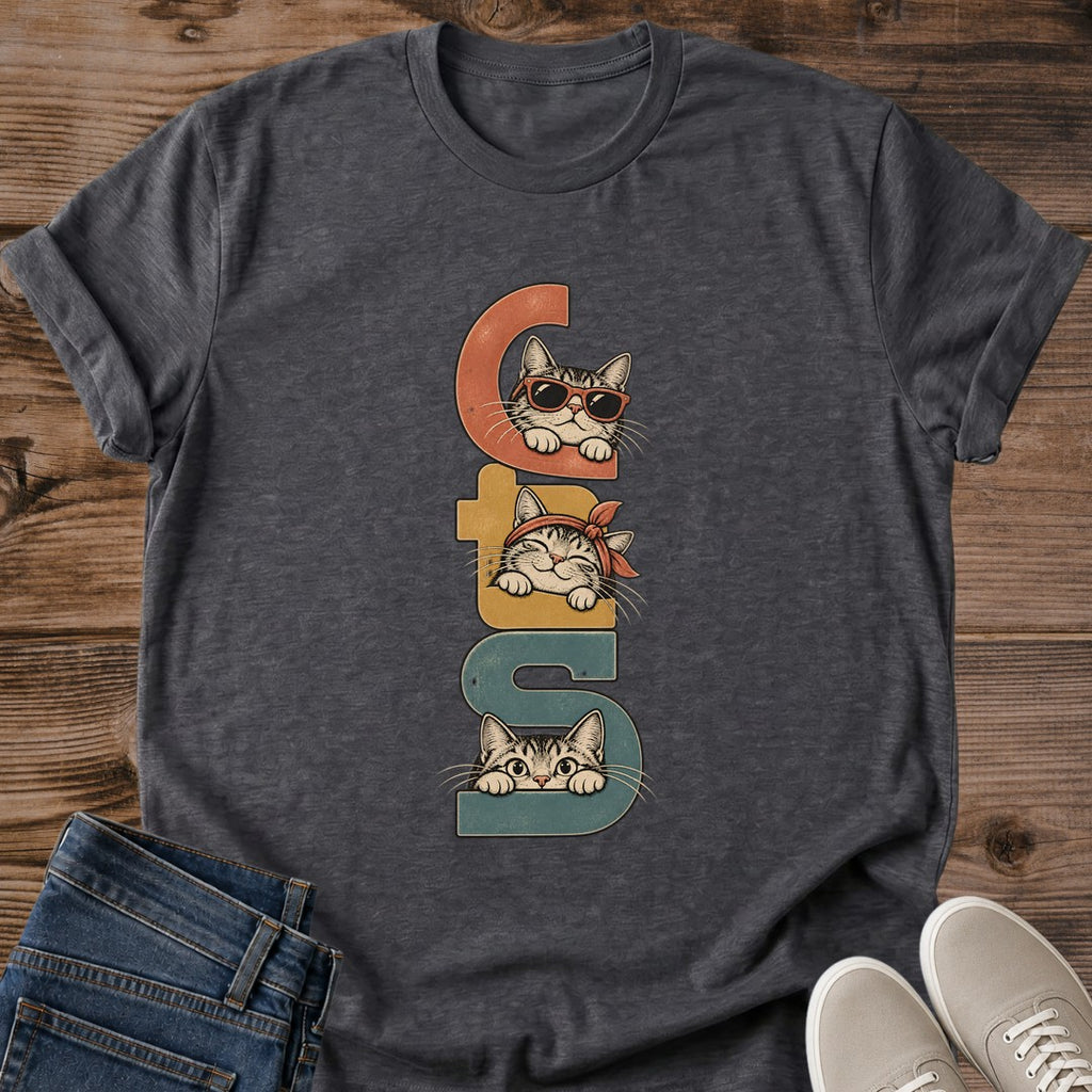 Cats Peeking Letters Shirt Retro Typography Cat Tee Cute Cat Lover Gift Idea Softstyle Ring Spun Cotton Relaxed Fit Everyday Casual Wear Vintage Print Cat Owner Apparel Statement Piece Lightweight Layering For Home