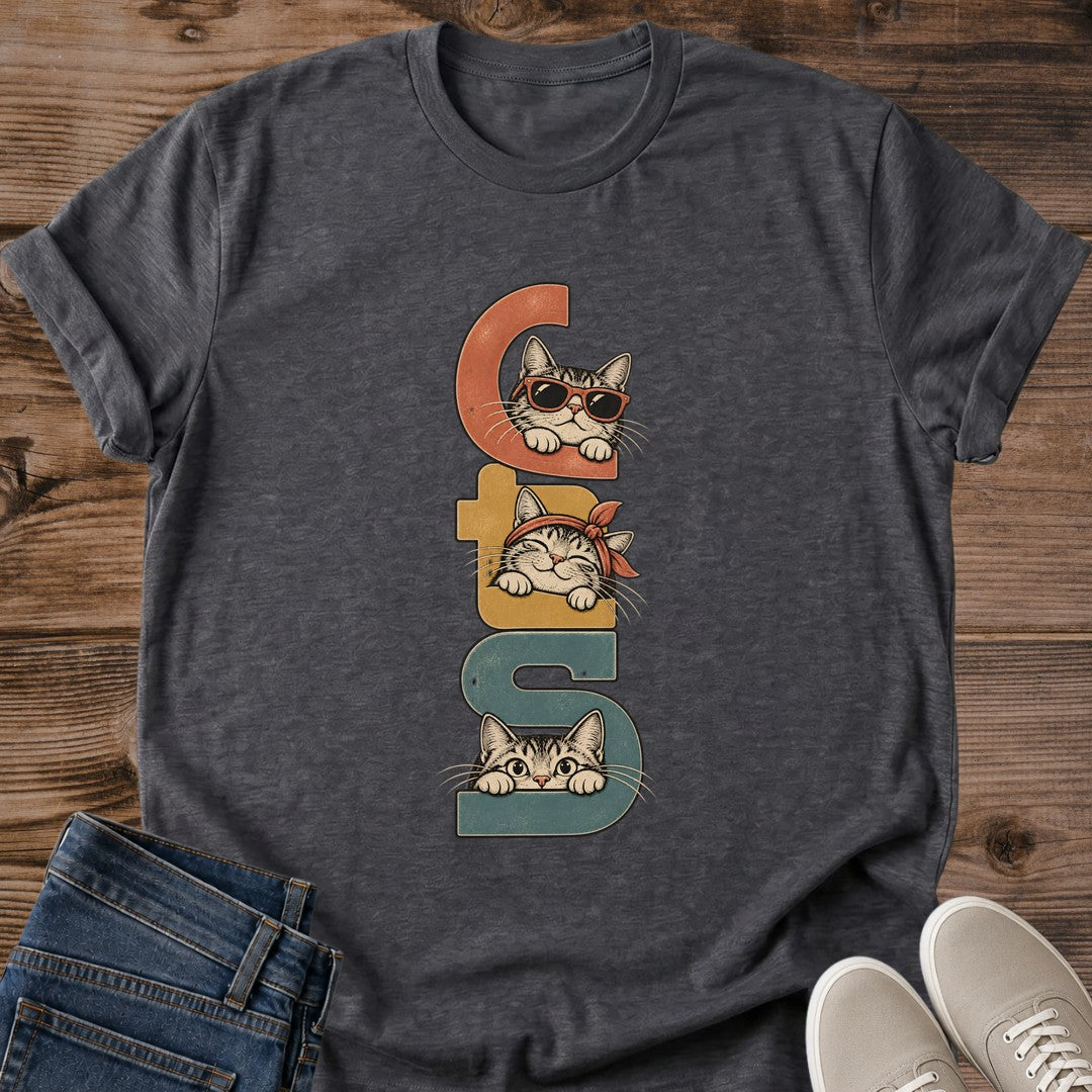 Cats Peeking Letters Shirt Retro Typography Cat Tee Cute Cat Lover Gift Idea Softstyle Ring Spun Cotton Relaxed Fit Everyday Casual Wear Vintage Print Cat Owner Apparel Statement Piece Lightweight Layering For Home