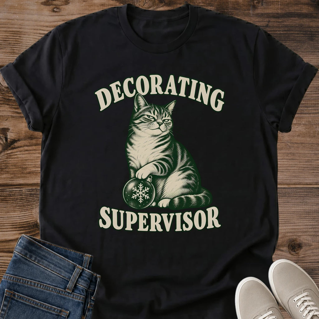 Decorating Supervisor Christmas Cat Shirt Black Funny Tabby Cat With Ornament Tee Vintage Holiday Cat Graphic Cat Knocking Ornaments Shirt Christmas Tree Cat Tee Cat Mom Christmas Gift Gildan 64000 Softstyle Unisex Cat Whisker Co
