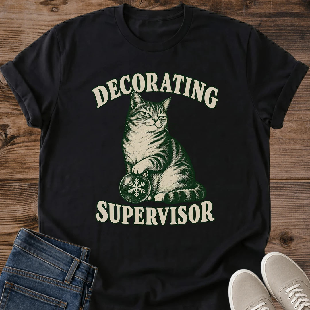Decorating Supervisor Christmas Cat Shirt Black Funny Tabby Cat With Ornament Tee Vintage Holiday Cat Graphic Cat Knocking Ornaments Shirt Christmas Tree Cat Tee Cat Mom Christmas Gift Gildan 64000 Softstyle Unisex Cat Whisker Co