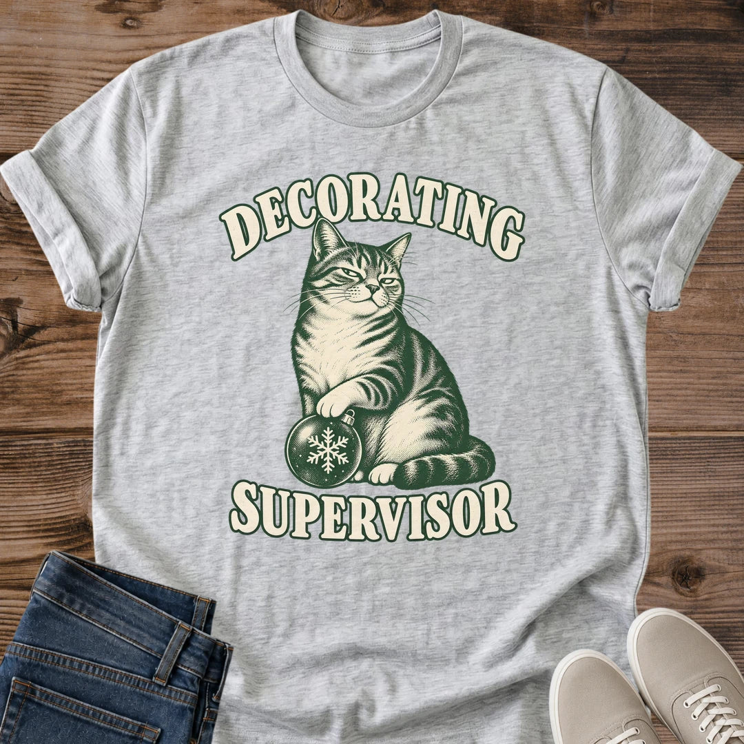 Cat Ornament Shirt Decorating Supervisor Funny Holiday Cat Tee Vintage Tabby Cat Sketch Cream Ink Christmas Graphic Cat Owner Christmas Shirt Gift For Cat Lovers Cozy Holiday Decorating Tee Unisex Ringspun Cotton Shirt Cat Whisker Co
