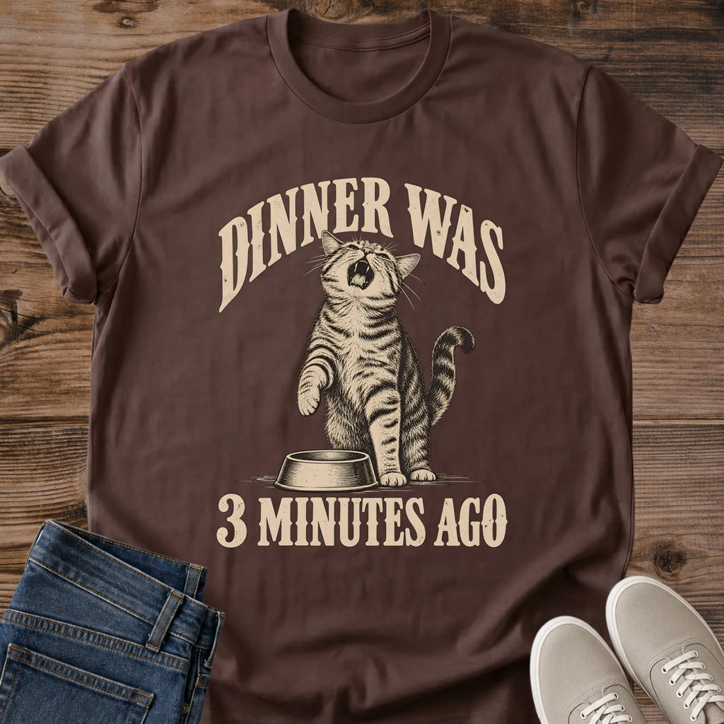 Cat Lover Gift Dinner Was 3 Minutes Ago Shirt Funny Cat Feeding Tee Vintage Cat Bowl Graphic Birthday Gift For Cat Owner Christmas Gift For Cat Mom Secret Santa Gift For Cat Lover Cat Person Tee Gildan Softstyle Cotton Tee Cat Whisker Co
