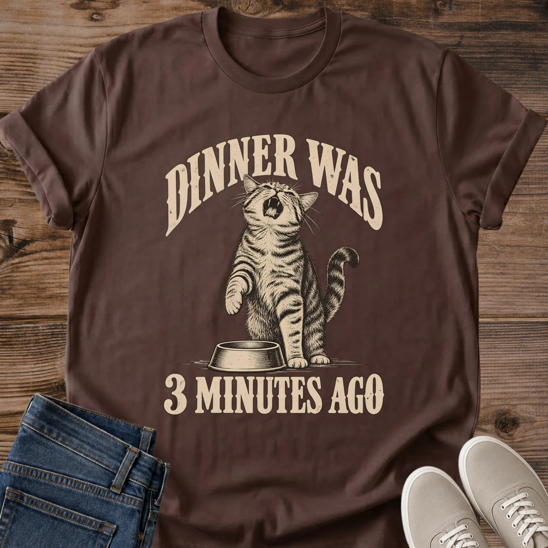 Cat Lover Gift Dinner Was 3 Minutes Ago Shirt Funny Cat Feeding Tee Vintage Cat Bowl Graphic Birthday Gift For Cat Owner Christmas Gift For Cat Mom Secret Santa Gift For Cat Lover Cat Person Tee Gildan Softstyle Cotton Tee Cat Whisker Co