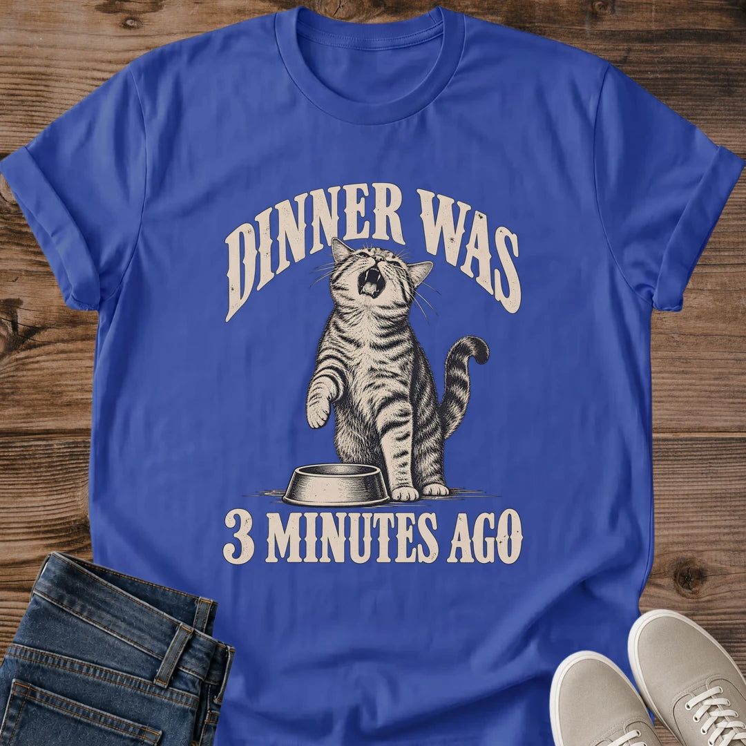 Cat Lover Gift Dinner Was 3 Minutes Ago Shirt Funny Cat Feeding Tee Vintage Cat Bowl Graphic Birthday Gift For Cat Owner Christmas Gift For Cat Mom Secret Santa Gift For Cat Lover Cat Person Tee Gildan Softstyle Cotton Tee Cat Whisker Co