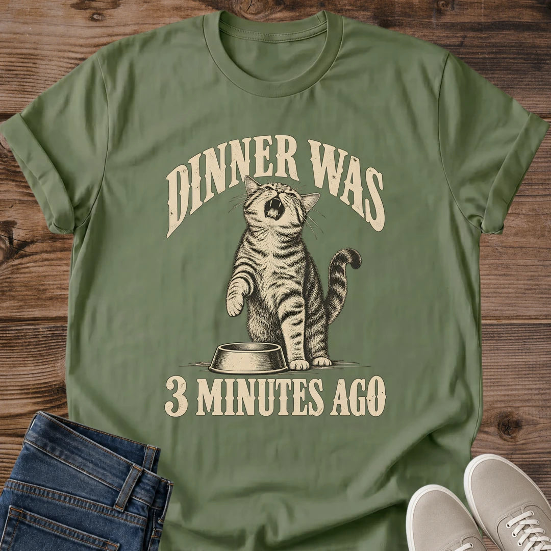 Dinner Was 3 Minutes Ago Cat Shirt Military Green Funny Dramatic Cat Tee Tabby Cat Yelling At Empty Food Bowl Graphic Vintage Cat Shirt Feeding Time Cat Humor Tee Starving Cat Meme Cat Mom Gift Gildan 64000 Softstyle Unisex Cat Whisker Co