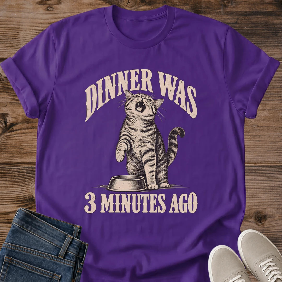 Feeding Time Cat Shirt Dinner Was 3 Minutes Ago Funny Cat Tee Hand Drawn Tabby Cat Sketch Cream Ink Vintage Poster Graphic Cat Owner Shirt Gift For Cat Lovers Cat Dinner Bell Tee Dramatic Meow Shirt Unisex Ringspun Cotton Shirt Cat Whisker Co