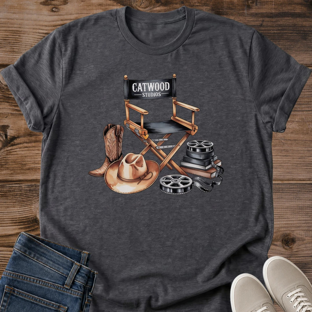Filmmaker Gift Vintage Film Crew T Shirt Director Chair Design Cotton Tee Movie Lover Apparel Retro Cinema Print Soft Lightweight Fabric Classic Fit Crew Neck Shirt Camera Reel Illustration Production Crew Wear Creative Professional Style