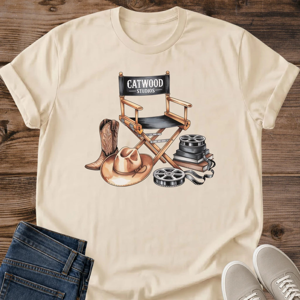 Creative Professional T Shirt Vintage Film Crew Design Director Chair Print Cotton Crew Neck Tee Soft Lightweight Fabric Retro Movie Style Filmmaker Apparel Cinema Lover Gift Camera Reel Illustration Casual Production Wear Classic Fit Film