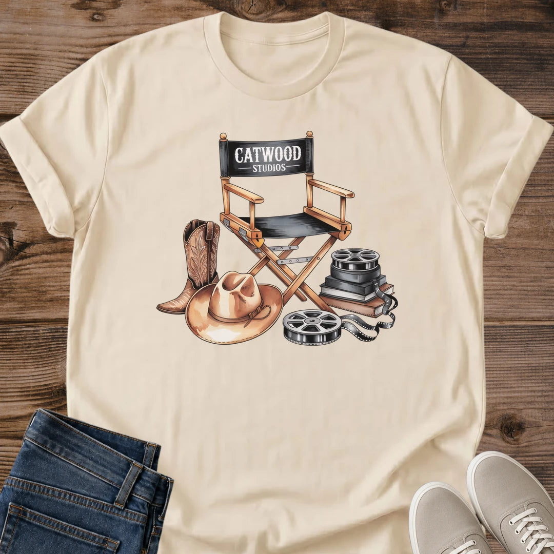 Creative Professional T Shirt Vintage Film Crew Design Director Chair Print Cotton Crew Neck Tee Soft Lightweight Fabric Retro Movie Style Filmmaker Apparel Cinema Lover Gift Camera Reel Illustration Casual Production Wear Classic Fit Film