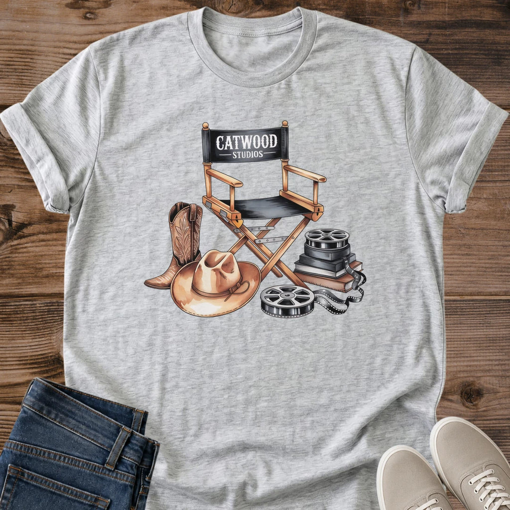 Vintage Movie T Shirt Film Set Design Director Chair Graphic Retro Cinema Apparel Cotton Crew Neck Tee Soft Lightweight Fabric Camera Reel Print Headphones Boots Illustration Filmmaker Gift Creative Professional Wear Movie Lover Style